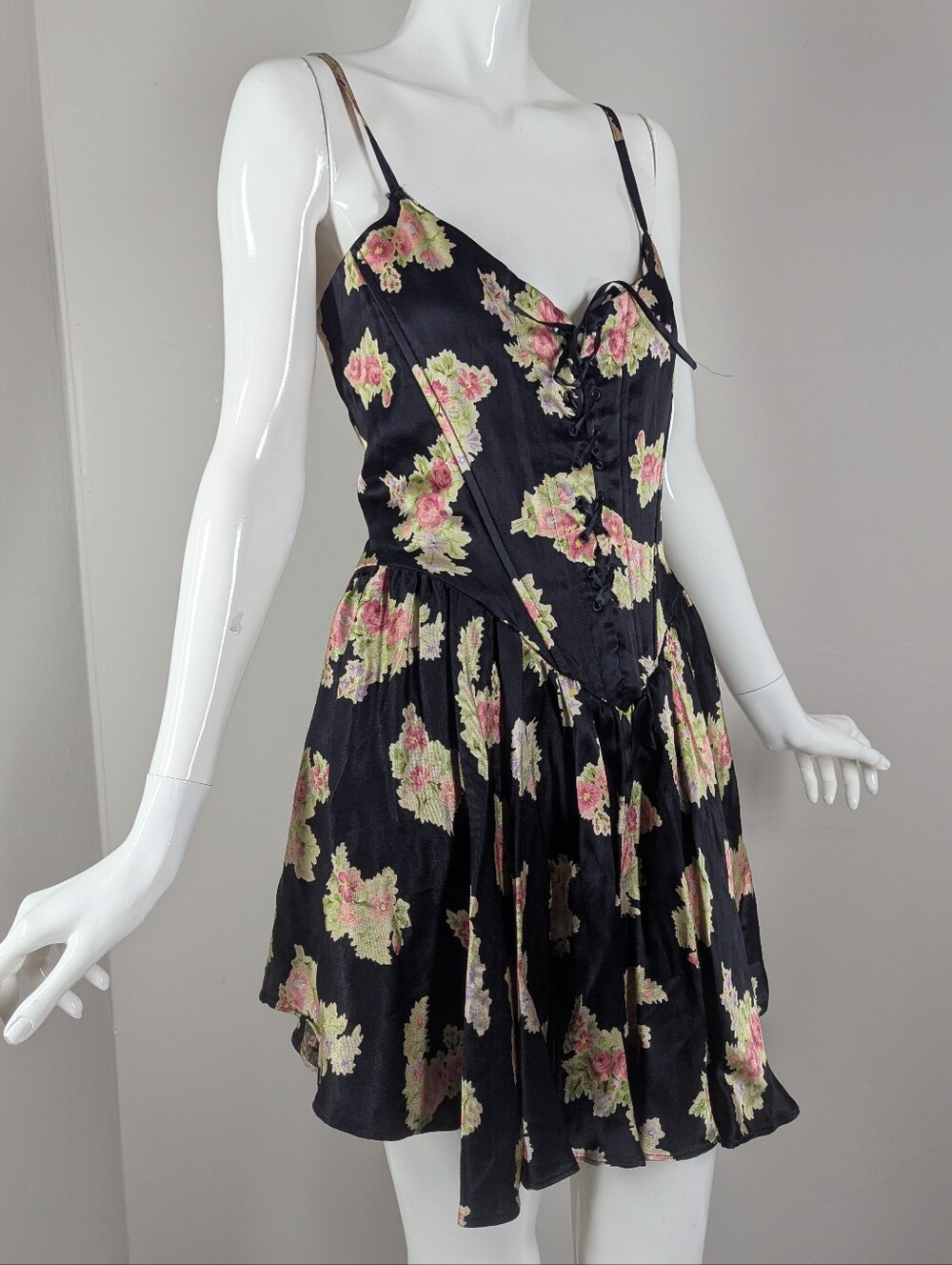 Vintage Betsey Johnson Floral Corset Mini Dress Made in USA Black Rose Lace Up M - Picture 2 of 16